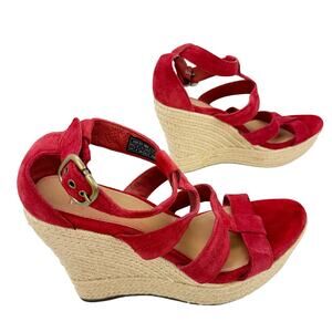 Ugg Red Lauri Suede Leather Espadrille Platform Wedge Sandals Sz 9.5